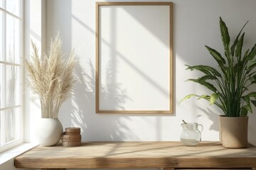 Canvas Print - White workspace interior with board and drawer, window. Mockup frames, Generative AI