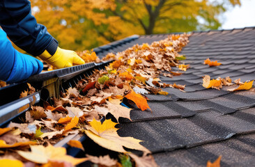 Worker cleans roof of house from autumn leaves, close-up. Maintenance of roofs and gutters of houses