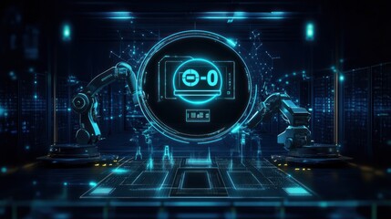 Poster - a futuristic robotic arm interacting with a digital interface in a tech environment.