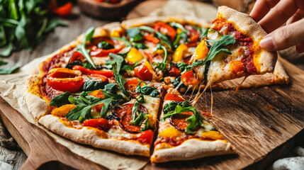 A hand reaching for a delicious slice of veggie pizza topped with fresh spinach, peppers, and tomatoes on a rustic wooden table