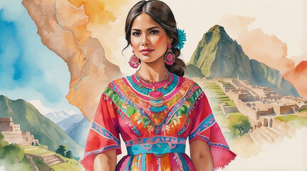 Peruvian woman in traditional colorful dress with Machu Picchu background, artistic style,