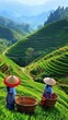 © H_designs - Medium beautiful tea hill, there are two beautiful Chinese girls, ethnic minorities, who are gathering tea,