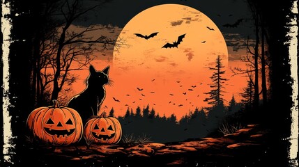 Halloween illustration with black cat, pumpkins, and bats
