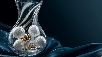 3D rendering of glossy black and gold spheres, and glass spheres with white and gold swirls in an elegant vase, set against a dark blue background with reflective lighting and luxurious finish.