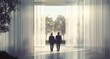 © SKIMP Art - Two people in suits walking through the entrance of an office building The hall is made up entirely of white panels with vertical slits and translucent fabric Generative AI