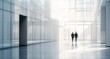 © SKIMP Art - two business people walking in the entrance hall with semi-transparent glass walls on one side, a white color scheme, and modern architecture Generative AI