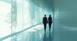 © SKIMP Art - two business people walking in the entrance hall with semi-transparent glass walls on one side, a white color scheme, and modern architecture Generative AI