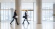 © SKIMP Art - two business people walking through the entrance to an office building, captured in motion blur The scene is set against a minimalist architectural backdrop with white walls Generative AI