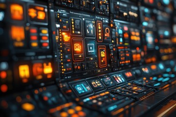 Close-up of a futuristic control panel with glowing buttons and displays.