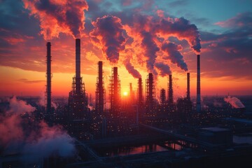 Silhouette of an industrial plant with smoke stacks emitting pollution against a fiery sunset sky.