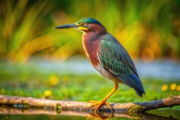 Wall Mural - Elegant Green Heron Perched on a Branch Overlooking a Serene Wetland in Natural Habitat Environment