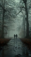 Wall Mural - Two Figures Walking Through a Foggy Forest Path