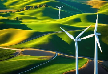 picturesque landscape featuring dynamic wind turbines harnessing renewable energy stunning natural setting clear blue skies, aerial, altitude, ambiance