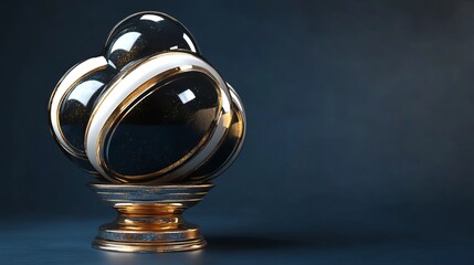 3D rendering of glossy black and gold spheres, and glass spheres with white and gold swirls in an elegant vase, set against a dark blue background with reflective lighting and luxurious finish.