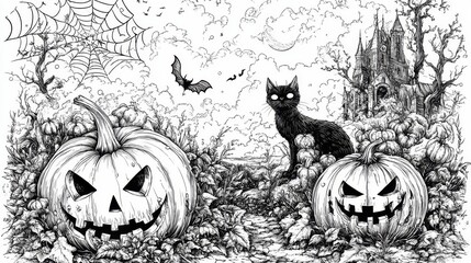 Halloween illustration with black cat, pumpkins, and bats
