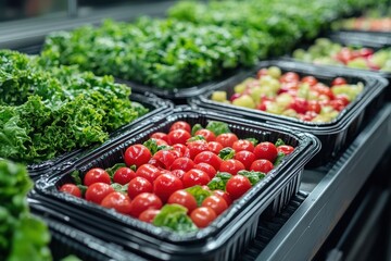 Fresh red cherry tomatoes and green lettuce displayed in black plastic containers on a supermarket shelf.