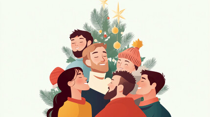 Joyful friends celebrating around a Christmas tree