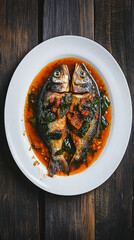 Two fish are lying in a spicy red curry sauce with herbs on a white plate on a wooden table