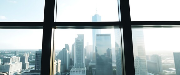 A panoramic view of an office building's glass facade, showcasing the city skyline in soft focus on a white background. The window glows with sunlight and highlights the architectural details.	
