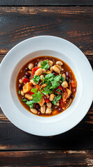 Wall Mural - Spicy chili bean stew served in a rustic white bowl on a wooden table, topped with fresh cilantro