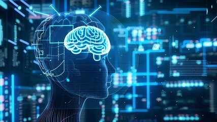 Futuristic digital human head with a glowing brain is enhanced with brain computer interface technology, illustrating the future of artificial intelligence and neurotechnology