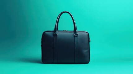 Black laptop bag on a vibrant teal background, with clean lines and sleek handles.