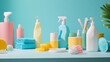 © Rabil - A variety of professional cleaning supplies are neatly arranged on a white table, against a blue backdrop. This image showcases a cleaning tools company's products and services.