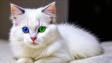 white cat with different color eyes. turkish angora. van kitten with blue and green eye lies on whit