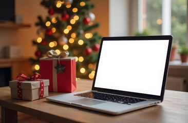 White laptop screen for online shopping for gifts and gift sets for Christmas and New Year's Eve stands on a wooden table against the backdrop of a decorated apartment. Device mockup. Generated AI