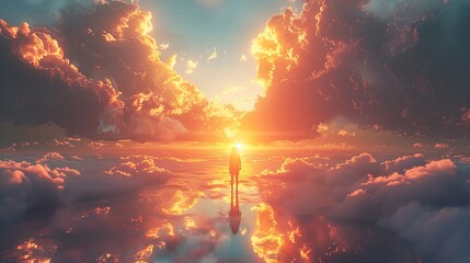 Canvas Print - Silhouette of a Person Standing in a Sea of Clouds at Sunset