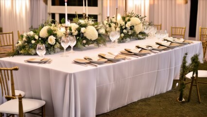 White color wedding table decorated with decorative and elegant for wedding. There are flowers, candles and serving plates on the wedding table