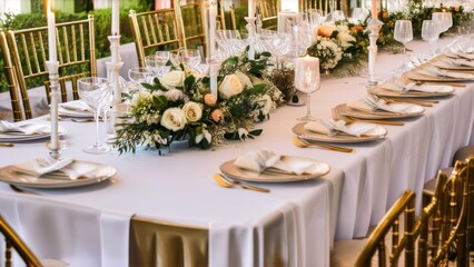 White color wedding table decorated with decorative and elegant for wedding. There are flowers, candles and serving plates on the wedding table