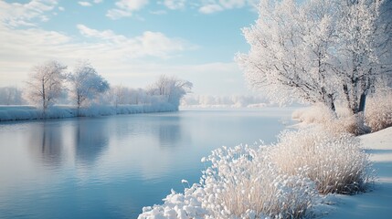 Wall Mural - A snowy landscape with a river and trees