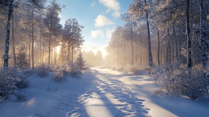 Wall Mural - A snowy forest with a path through it