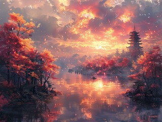 Wall Mural - Tranquil Sunset Landscape with Pagoda and River