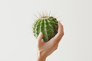 Hand holding cactus isolated on white background. Eco friendly office and home decor concept. Minimalist indoor plant succulent