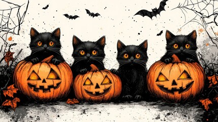 Halloween illustration with black cat, pumpkins, and bats
