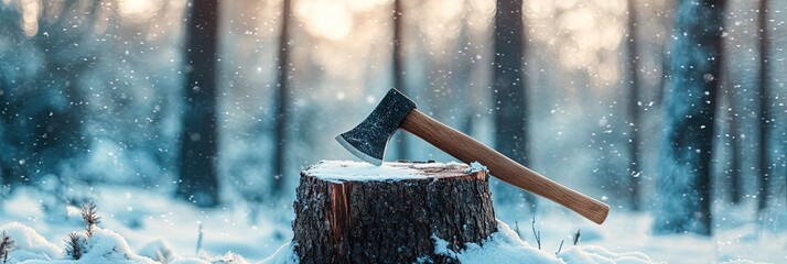 axe in tree stump, winter forest background