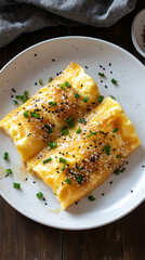 white plate holds two rolled omelettes topped with black sesame seeds and chives