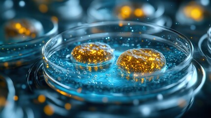 two glowing spheres in petri dishes filled with blue liquid.