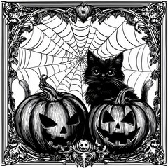 Halloween illustration with black cat, pumpkins, and bats
