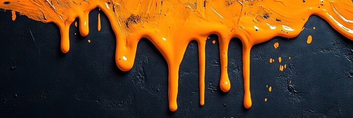 liquid orange paint dripping on black wall