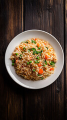 Vibrant vegetable fried rice served on a rustic wooden table, displaying a colorful and textured dish