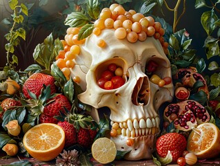 Poster - Still Life with Skull and Fruit: A Study in Mortality and Beauty