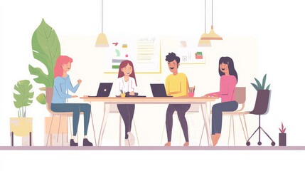 A cheerful work group around a desk, engaged in a lively discussion, sharing ideas with smiles and laughter. The office background is subtly blurred, keeping the attention on their positive