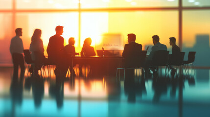 A dynamic scene of an optimistic team gathered around a conference table, discussing ideas with enthusiasm. The blurred office background creates depth, highlighting their positive expressions and