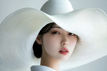 A young Japanese woman in a modern, avant-garde white hat. The large, asymmetrical brim of the hat creates dramatic shadows on her face, adding mystery and elegance against the pure white background.