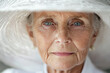© AI_images - A close-up portrait of an elderly woman with soft, wrinkled features, wearing an oversized white hat. Her kind eyes reflect wisdom and experience, while the all-white setting brings out her serene