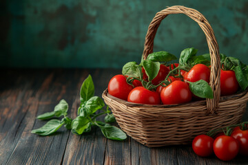 Wall Mural - Fresh organic tomatoes in a basket with vibrant green leaves, their red color standing out beautifully against the rich dark wood background, highlighting their natural texture and beauty.