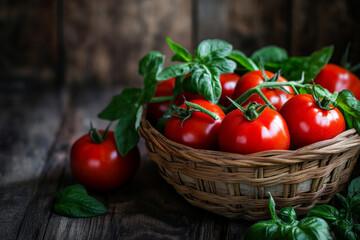 Wall Mural - Fresh organic tomatoes in a basket with vibrant green leaves, their red color standing out beautifully against the rich dark wood background, highlighting their natural texture and beauty.